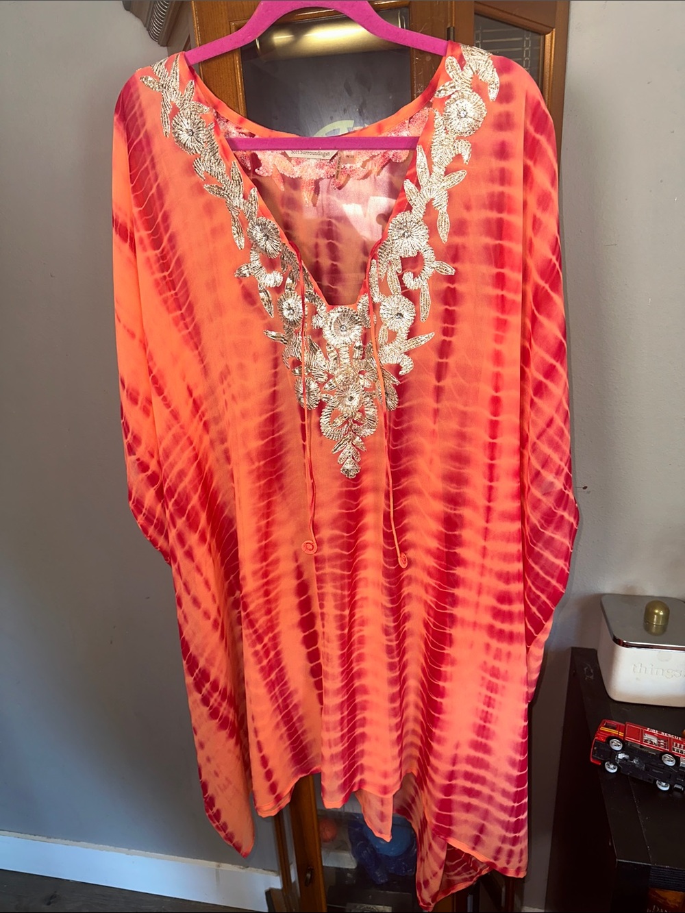 Soft Surroundings Coral and Fuchsia Tie-Dye Embroidered Kaftan Top